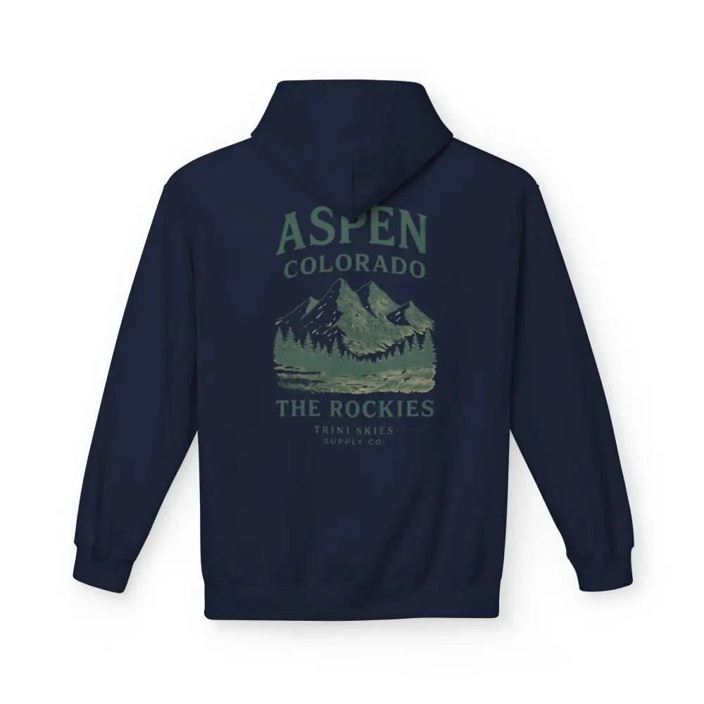 Vintage style Aspen Colorado hoodie with navy blue pullover and green Rockies mountain graphic