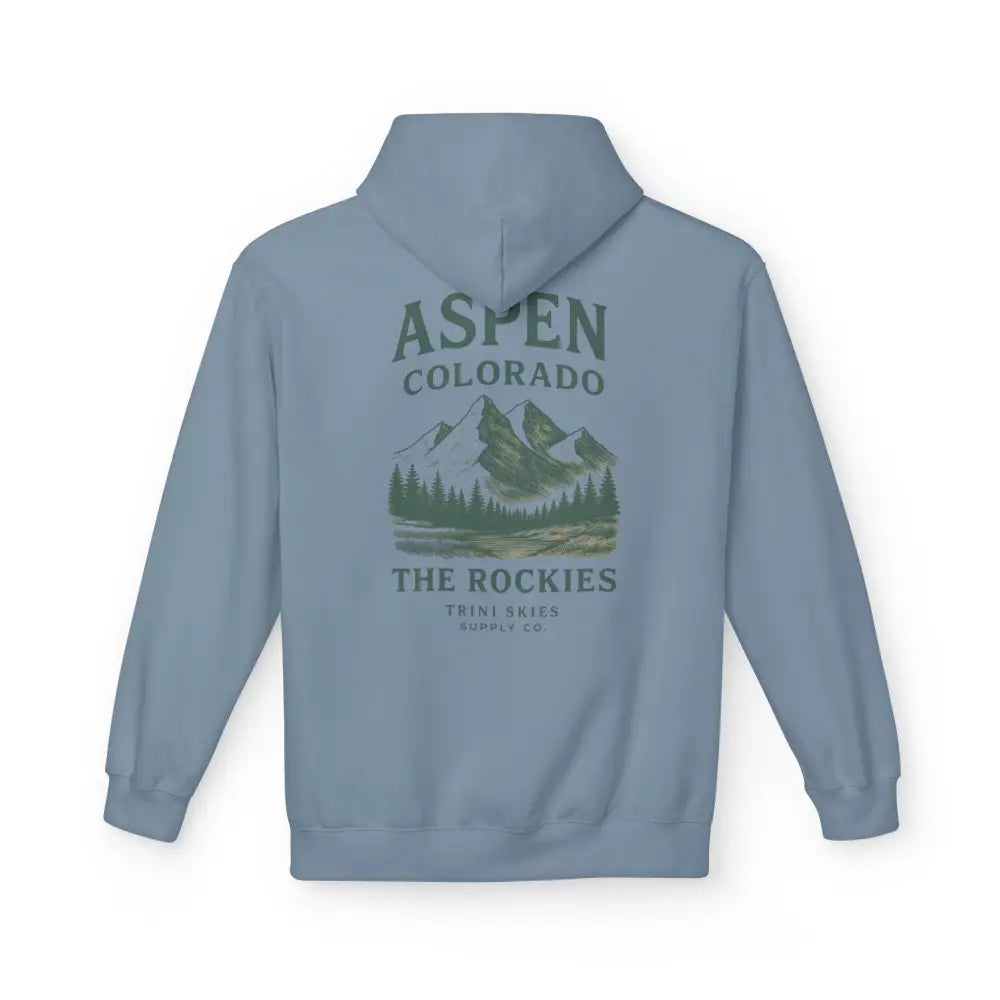Vintage style Aspen Colorado hoodie with light blue forest and mountain graphic