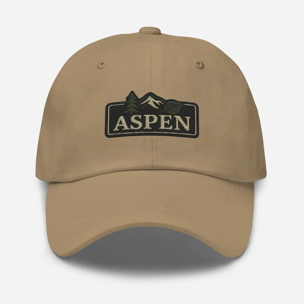 Vintage-style Aspen embroidered tan baseball cap with mountain tree design