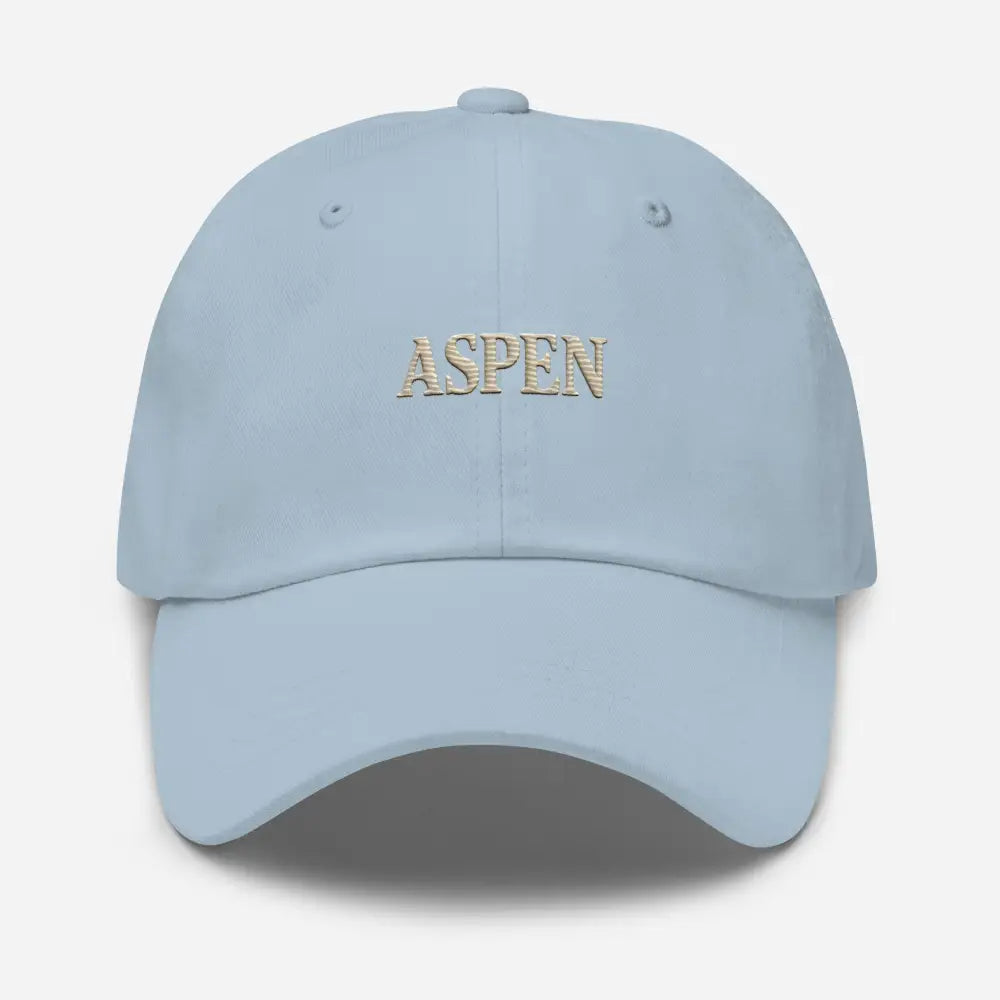 Vintage-style Aspen embroidered light blue baseball cap by Trini Skies