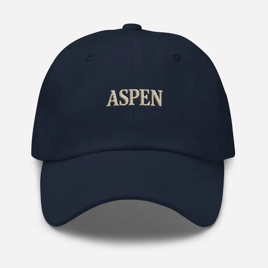 Dark blue vintage-style Aspen embroidered baseball cap with Trini Skies design