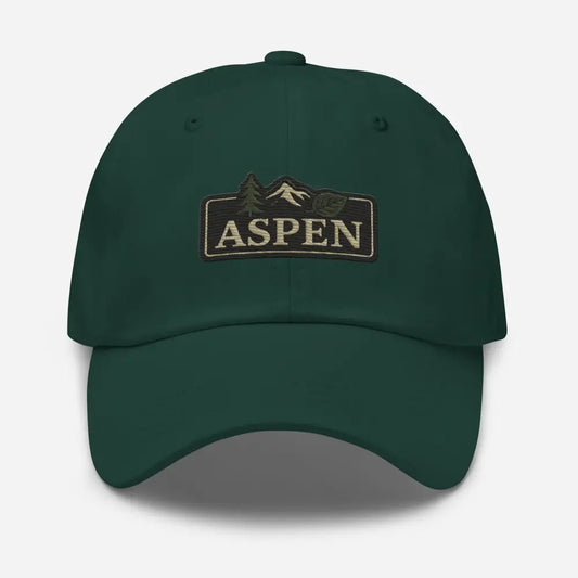 Dark green vintage-style Aspen embroidered baseball cap with embroidered corduroy detail