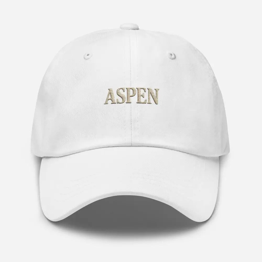 Vintage-style Aspen embroidered white baseball cap by Trini Skies