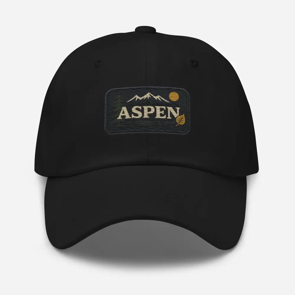 Black vintage-style Aspen embroidered hat on baseball cap