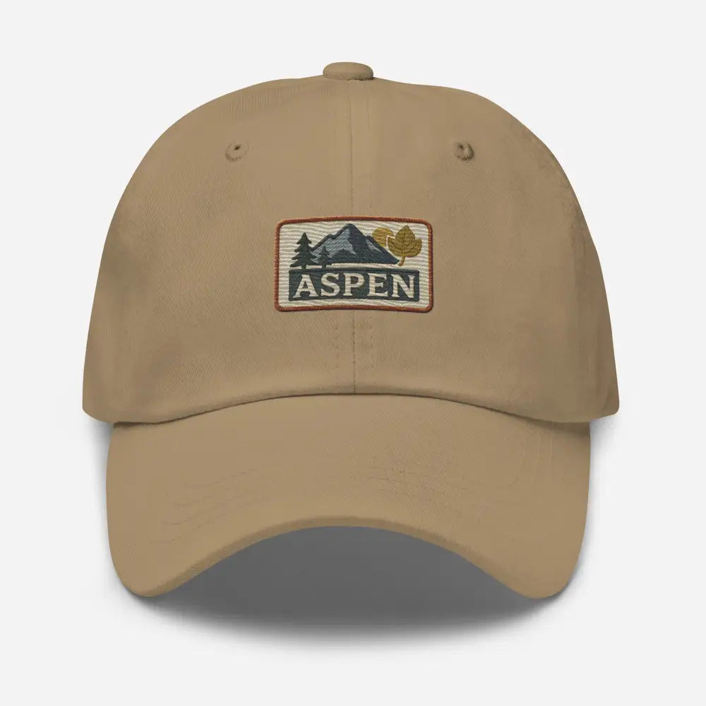 Vintage-style aspen embroidered hat with tan baseball cap and mountain tree patch