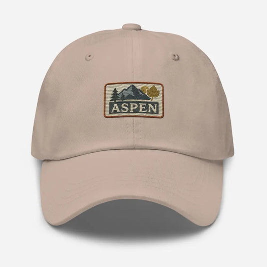 Light tan vintage-style Aspen embroidered hat with mountain trees and corduroy details