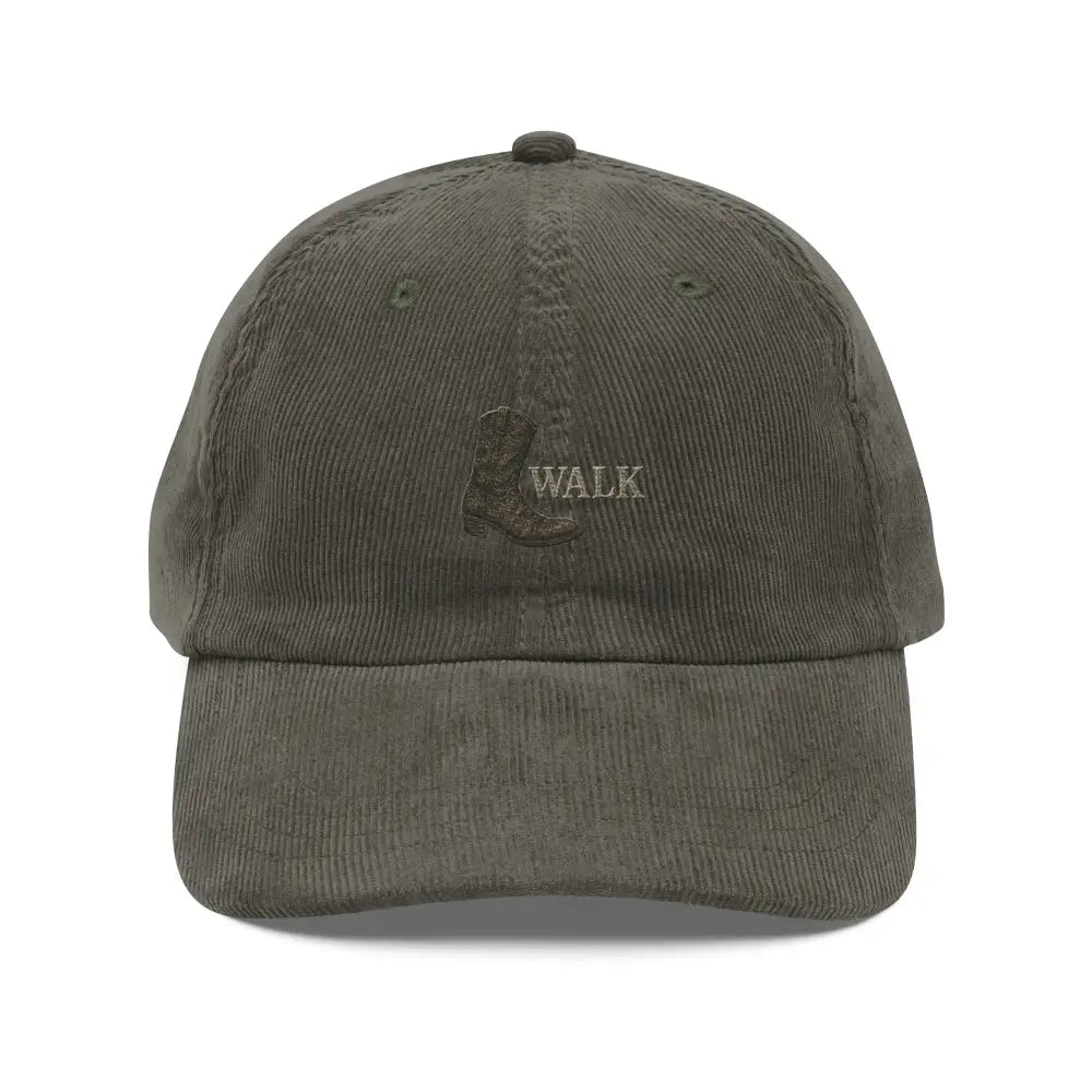 Olive green embroidered corduroy hat with boot and WALK motif