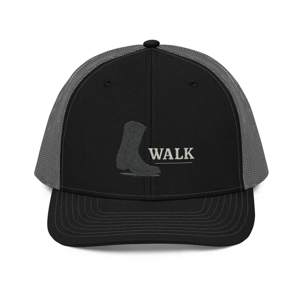 Vintage country music-inspired black mesh trucker hat with embroidered boot and WALK