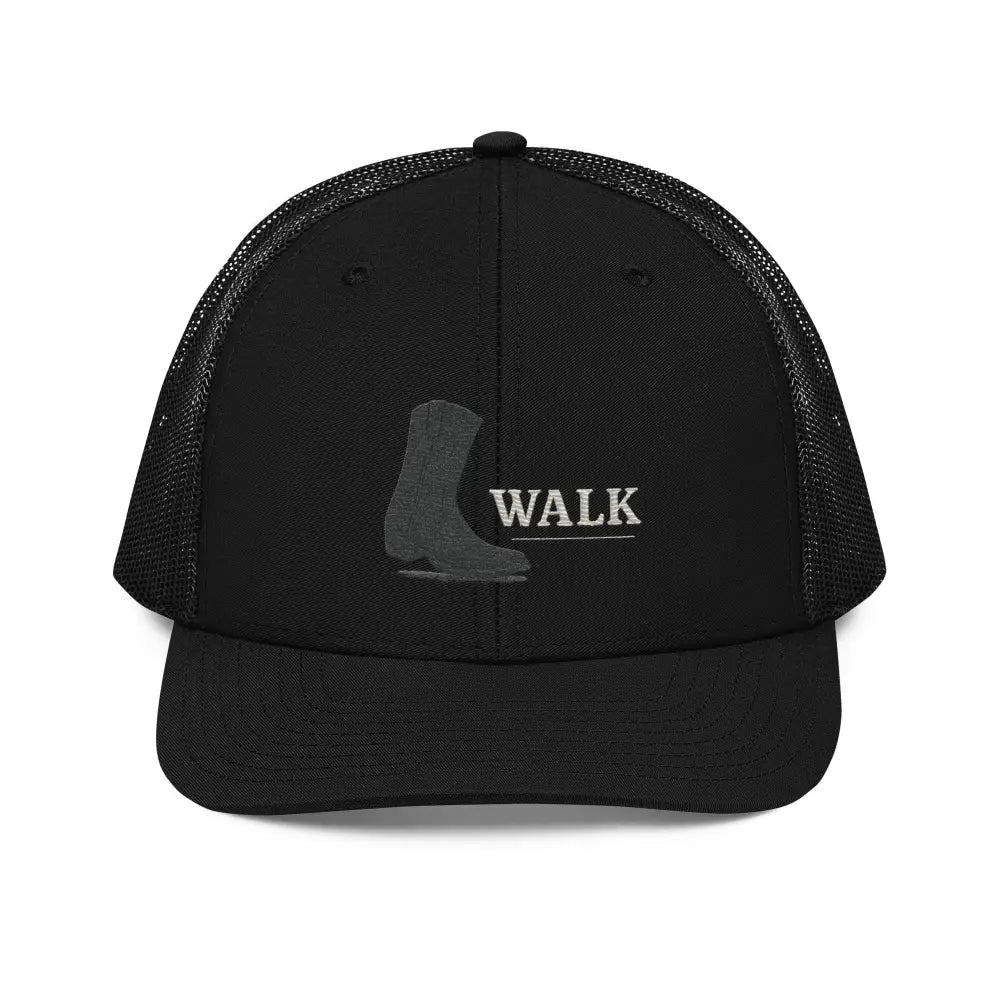 Black Trini Skies trucker cap with embroidered ice skate and WALK text