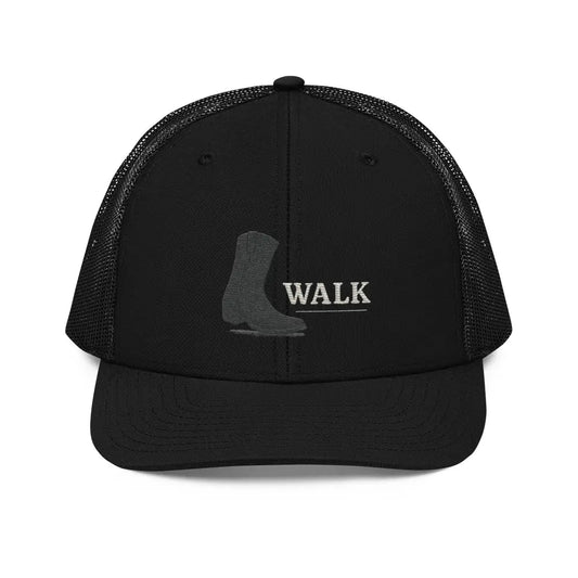 Black Trini Skies trucker cap with embroidered ice skate and WALK text