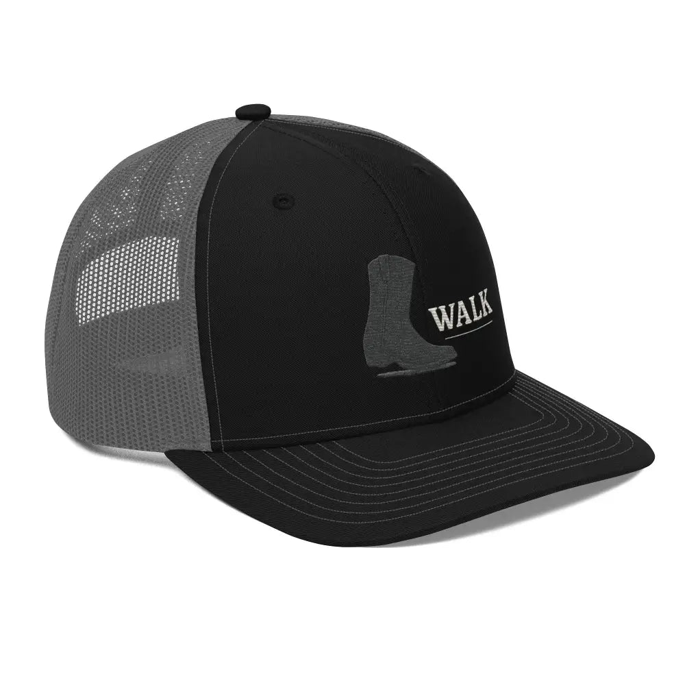 Black and gray mesh-back WALK THE LINE trucker hat with boot graphic
