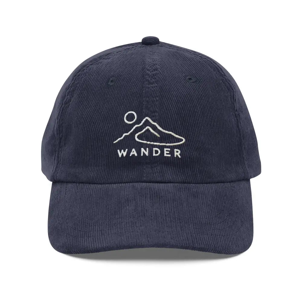 Navy blue embroidered corduroy cap with minimalist mountain sun design