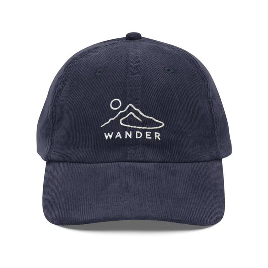 Wander Often Embroidered Corduroy Cap – Minimalist Mountain Adventure Hat - Navy - Hats navy blue corduroy baseball cap