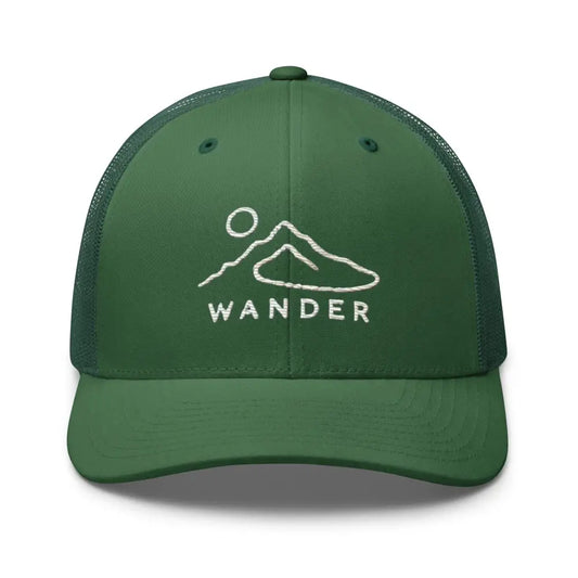 Wander Often Minimalist Mountain Landscape Trucker Hat – Camping & Hiking - Evergreen - Hats green trucker cap white