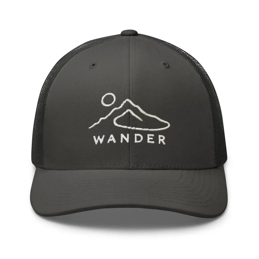 Minimalist mountain landscape embroidered trucker hat in dark grey