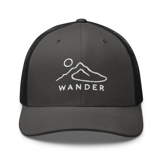 Charcoal gray minimalist mountain landscape trucker hat