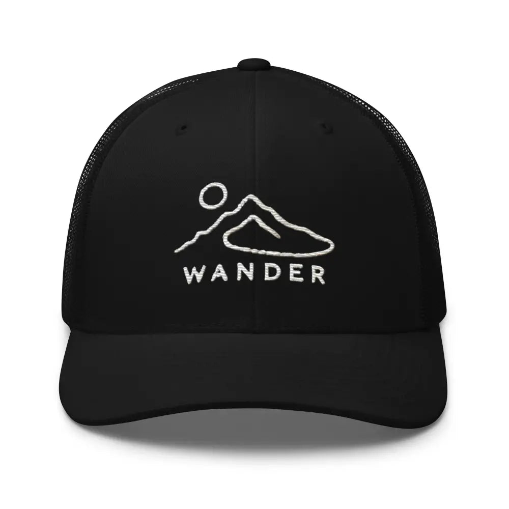 Black minimalist mountain landscape embroidered trucker hat
