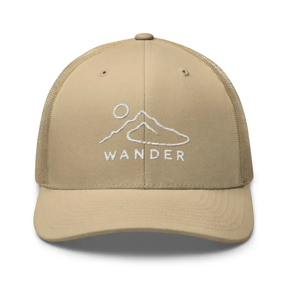 Minimalist mountain landscape embroidered trucker hat with Wander design
