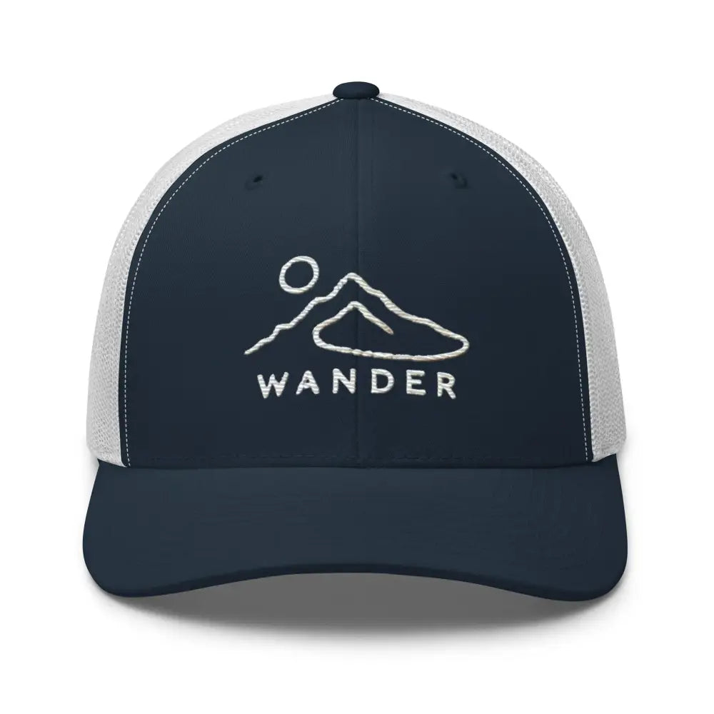Minimalist mountain landscape embroidered trucker hat in dark blue and white