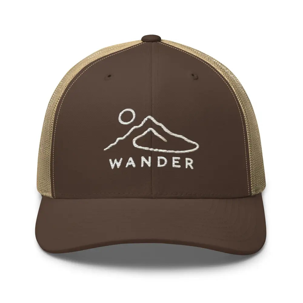 Minimalist mountain landscape embroidered trucker hat in brown and tan