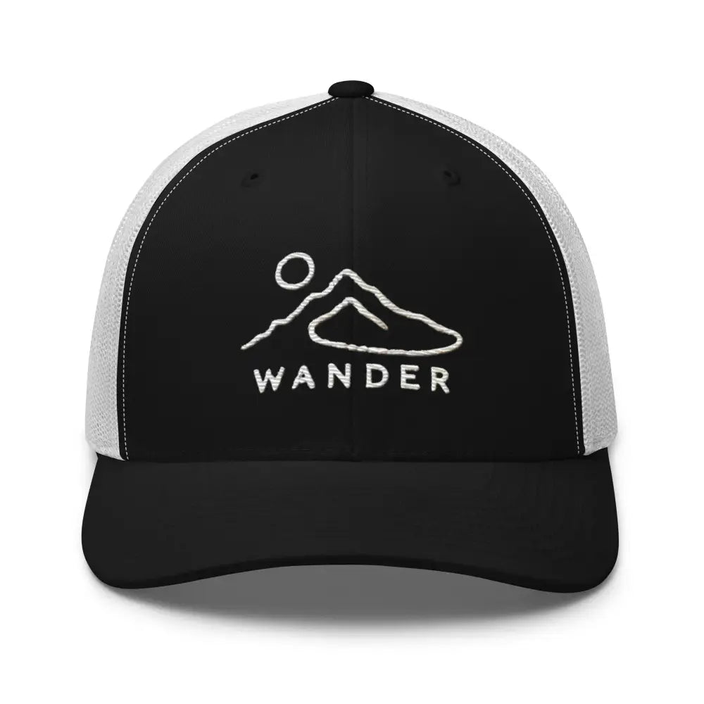 Minimalist mountain landscape embroidered trucker hat in black and white