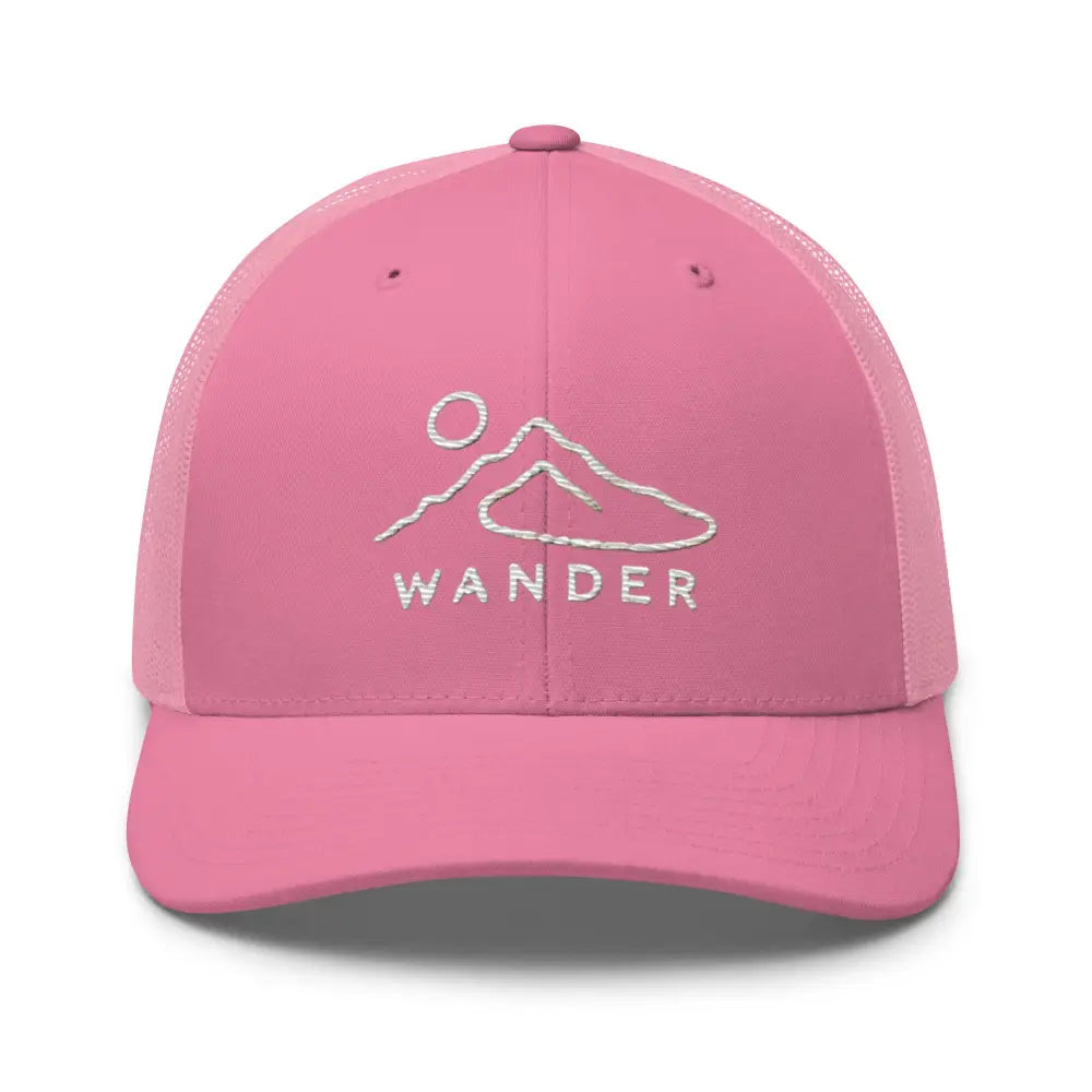 Pink minimalist mountain landscape embroidered trucker hat