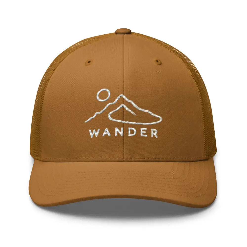 Minimalist mountain landscape embroidered trucker hat in brown