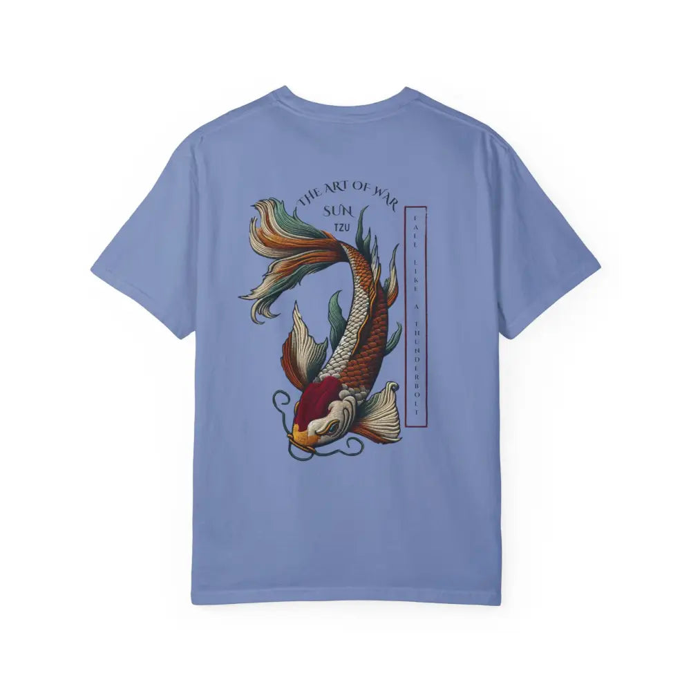 Light blue Art of War koi fish inspirational t-shirt with thunderbolt design