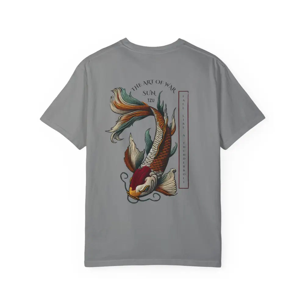 Gray Art of War koi fish inspirational t-shirt with thunderbolt design