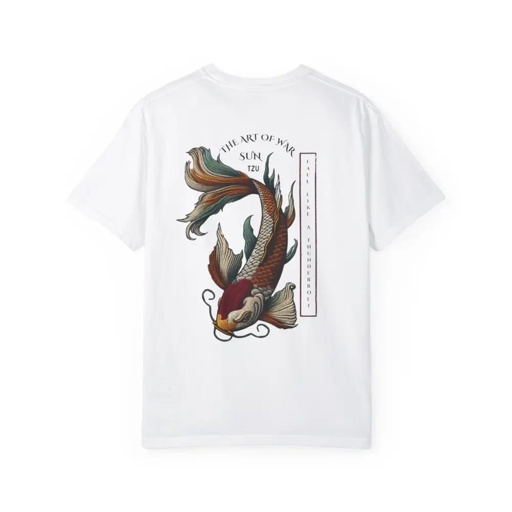 White Art of War Koi Fish inspirational t-shirt with colorful koi fish design