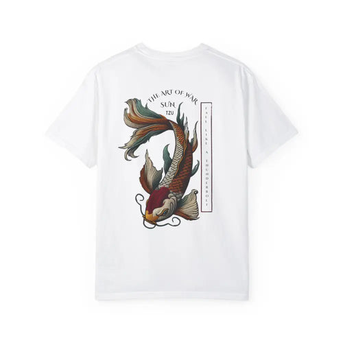 White Art of War Koi Fish inspirational t-shirt with colorful koi fish design