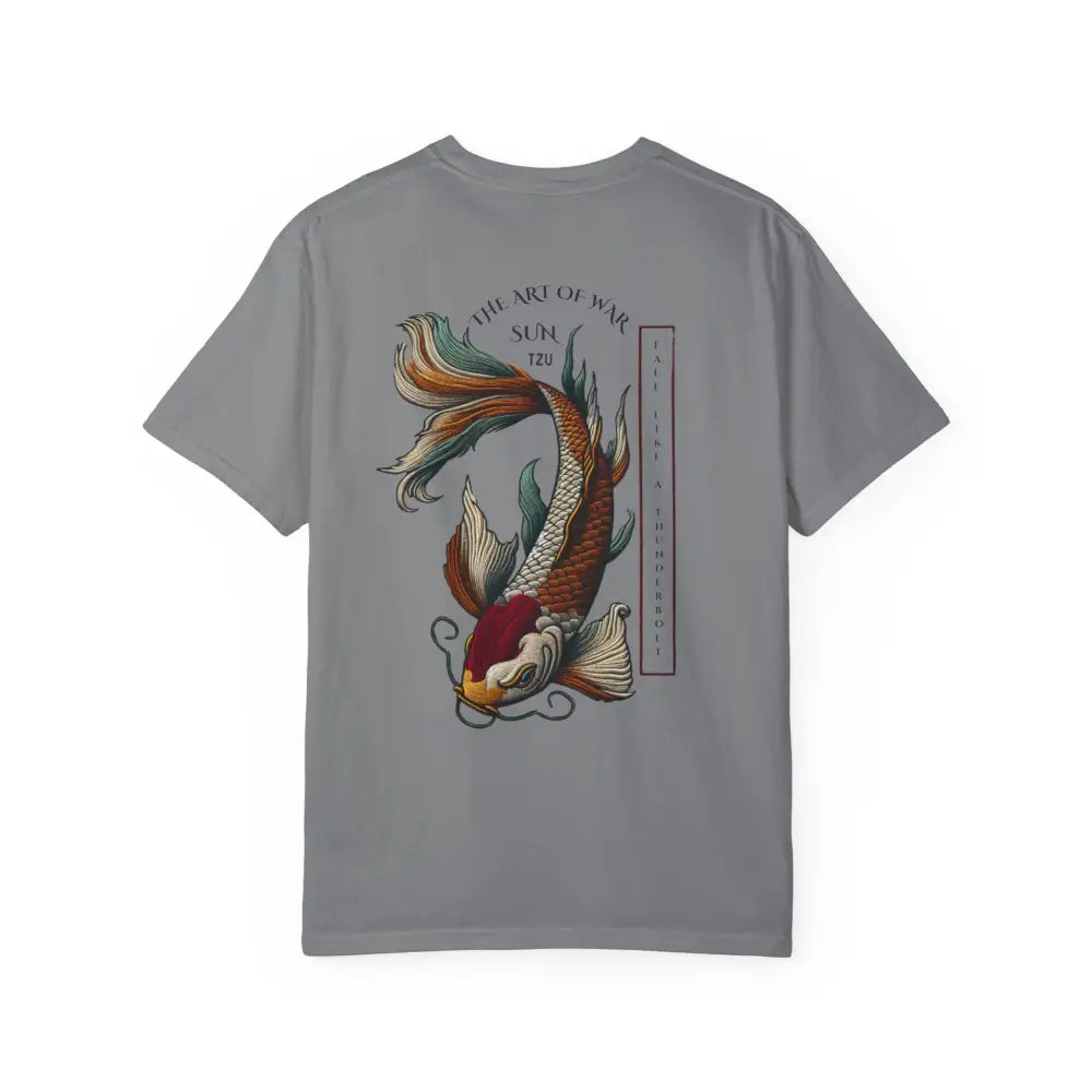 Gray inspirational t-shirt with war koi fish design on back