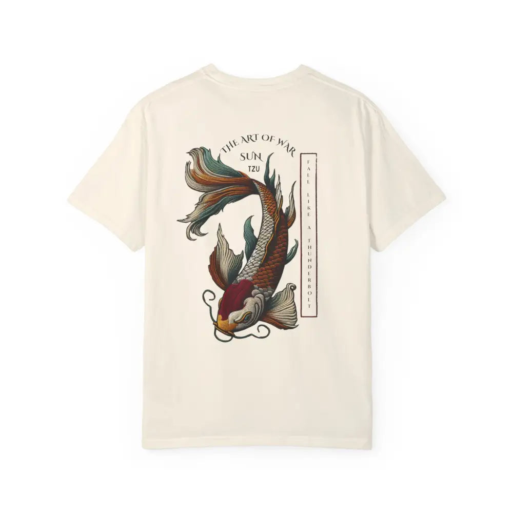 Cream-colored inspirational t-shirt with war koi fish design on back