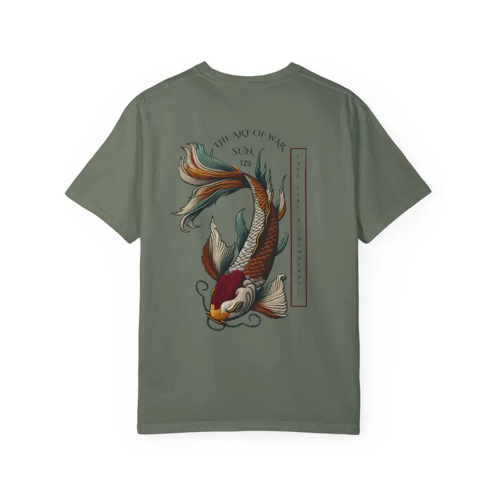 Olive green Art of War koi fish inspirational t-shirt with vibrant design