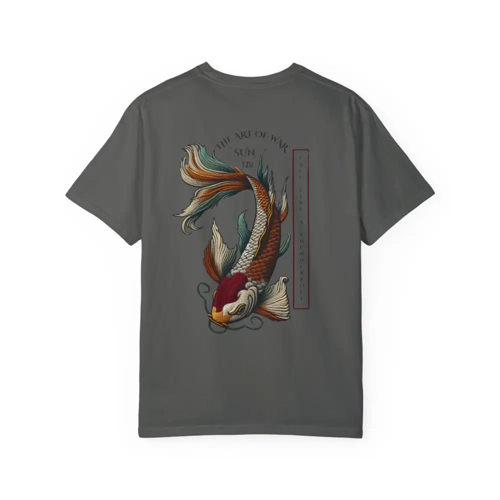 Dark grey inspirational t-shirt with war koi fish design on back