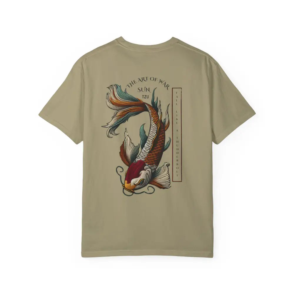 Inspirational t-shirt with war koi fish design and Sun Tzu quote