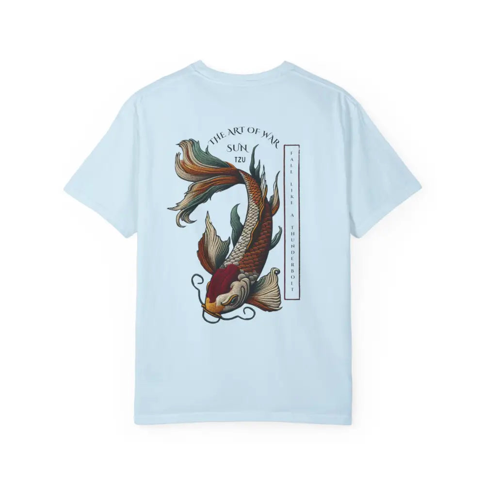 Light blue inspirational t-shirt with war koi fish design on back