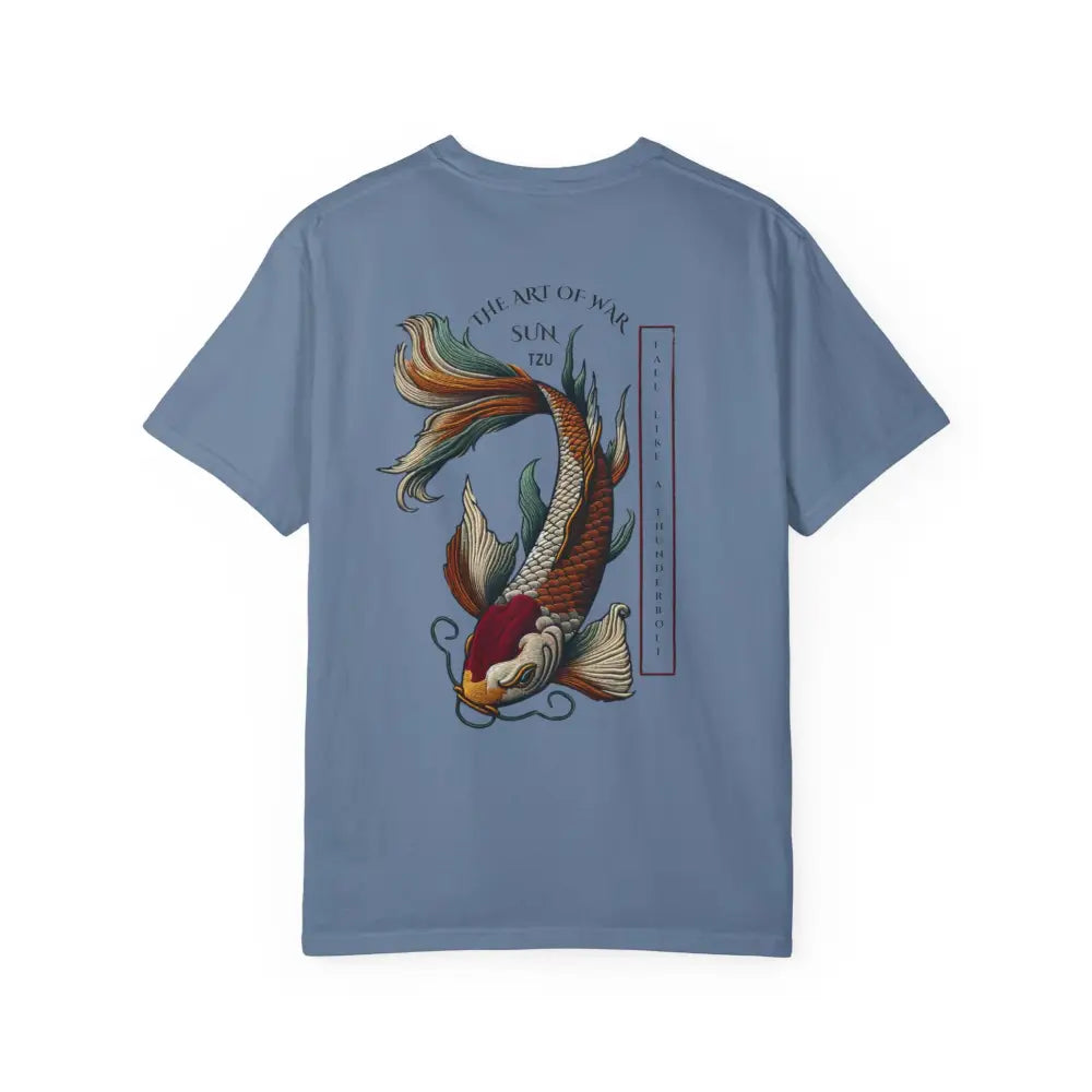Inspirational war koi fish t-shirt with colorful koi fish design on back