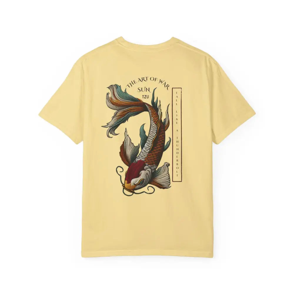 Yellow Art of War Koi Fish inspirational t-shirt with war koi fish design