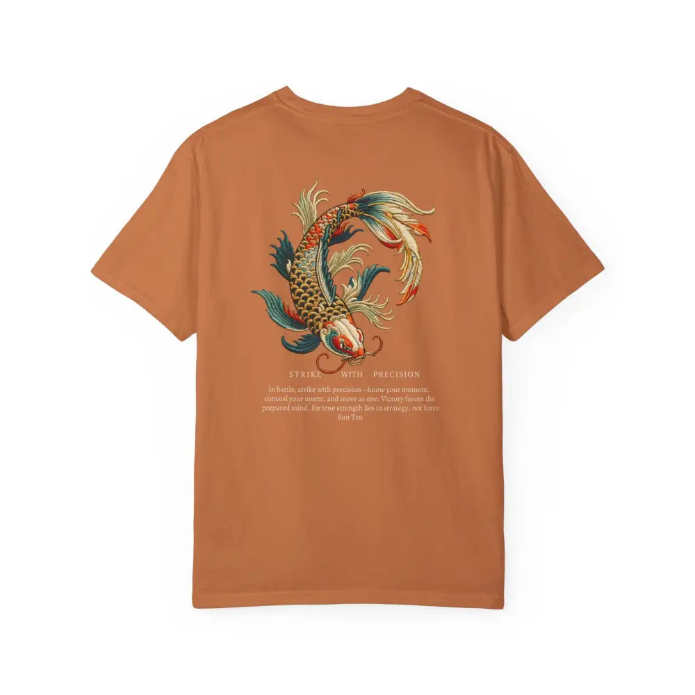Burnt orange inspirational t-shirt with war koi fish graphic