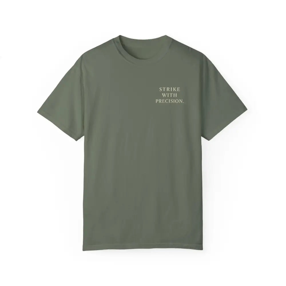 Olive green motivational graphic tee with war koi fish design