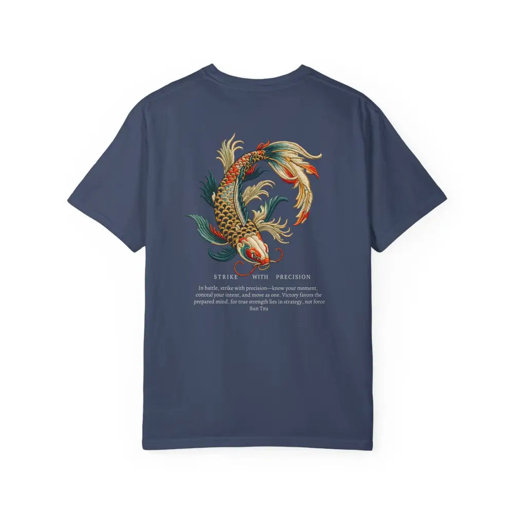 Dark blue Inspirational Art of War Koi Fish graphic tee by Trini Skies Supply