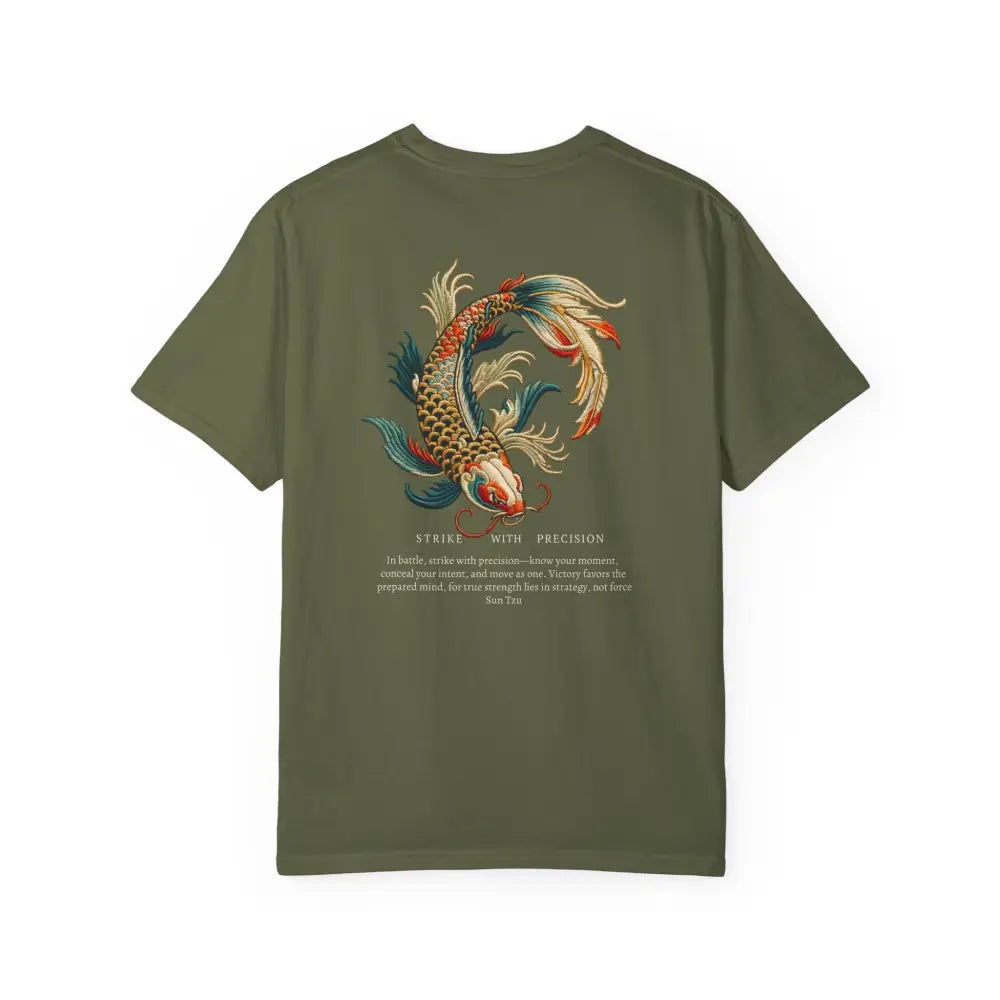 Olive green inspirational t-shirt with war koi fish graphic on back