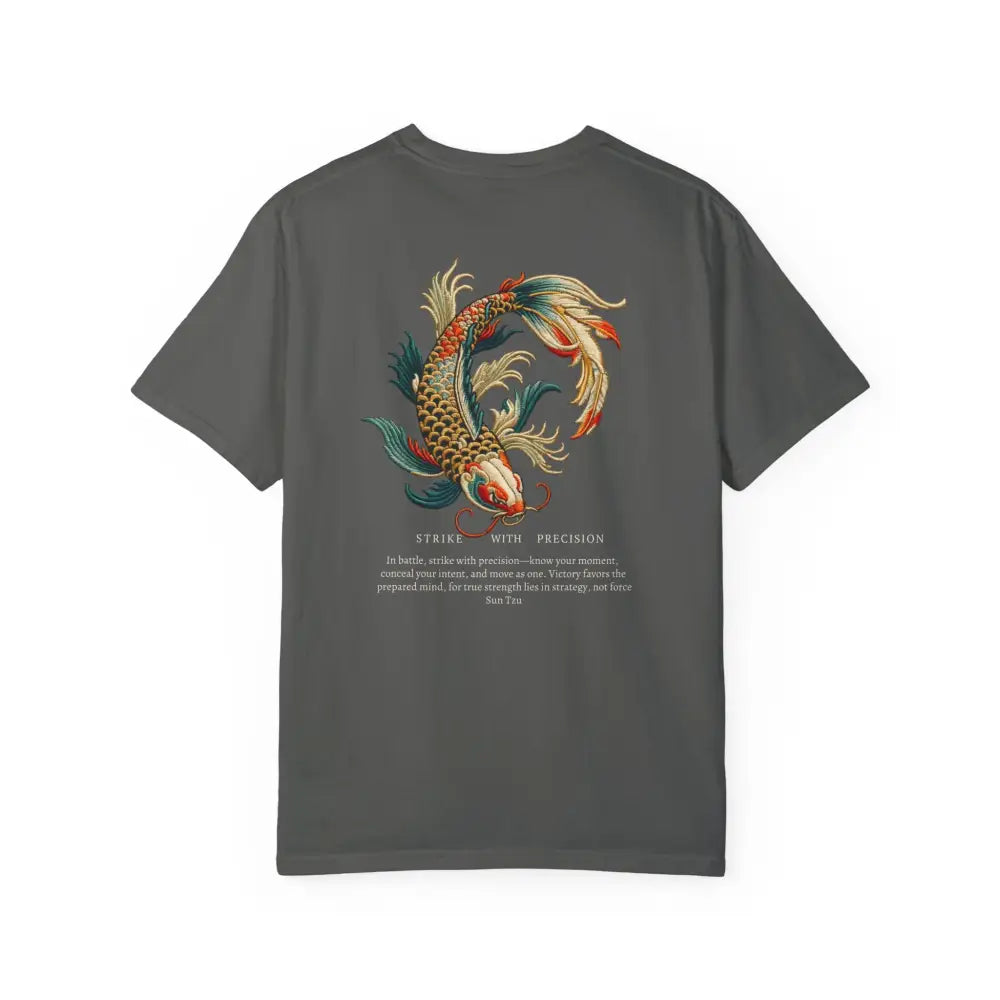 Dark grey short-sleeved inspirational t-shirt with war koi fish graphic
