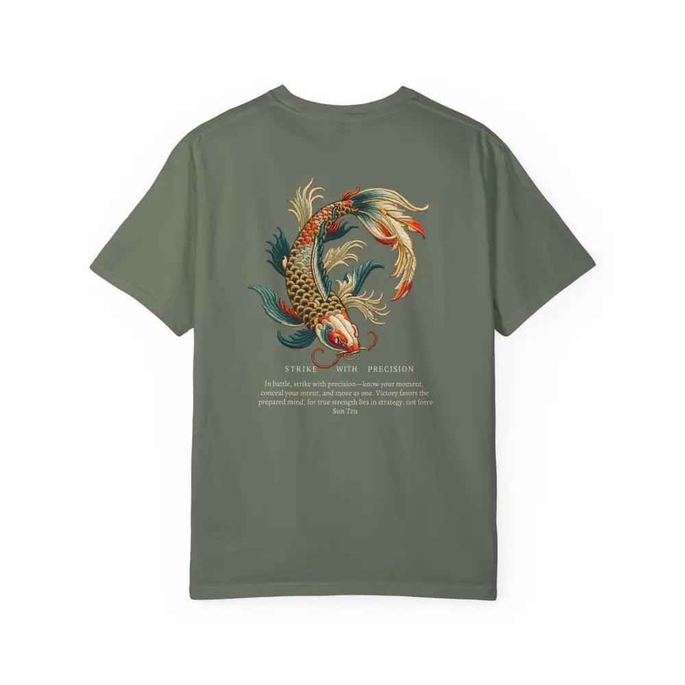 Olive green inspirational t-shirt with war koi fish graphic on back
