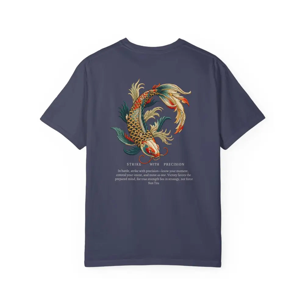 Dark blue inspirational t-shirt with war koi fish embroidery
