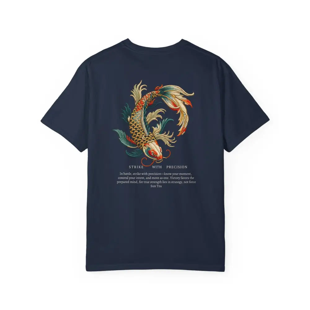 Navy blue motivational graphic tee with war koi fish design