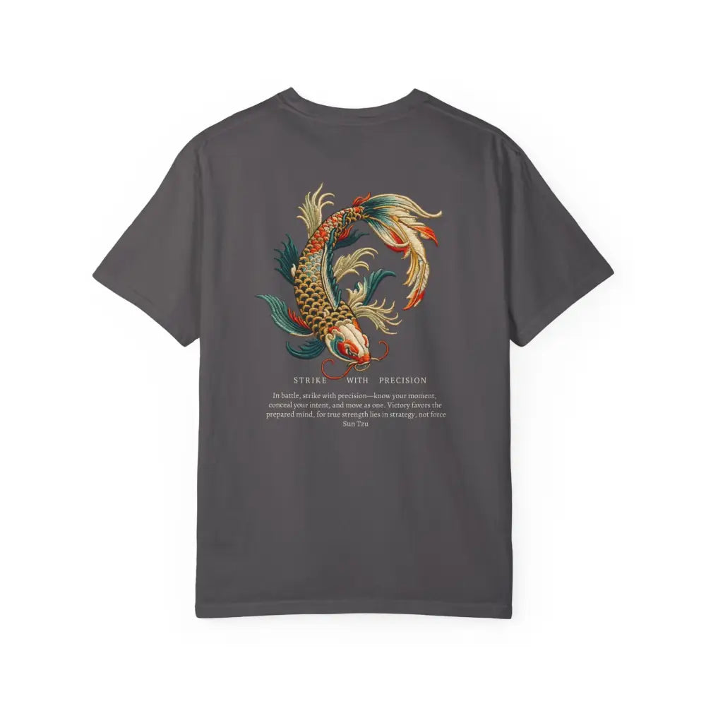 Dark gray motivational graphic tee with war koi fish design on back