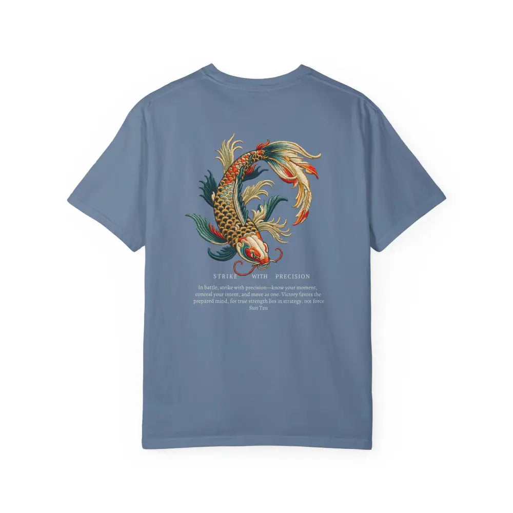 Blue Inspirational T-Shirt with War Koi Fish Graphic on Back