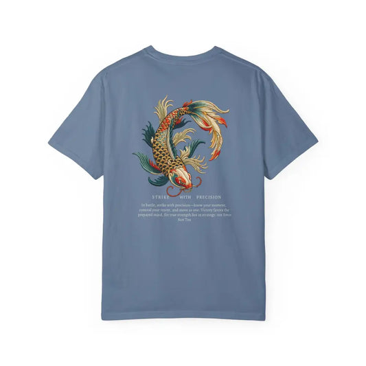 Blue Inspirational T-Shirt with War Koi Fish Graphic on Back